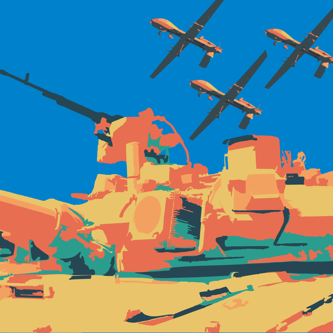 Image of an army tank and three drones in the sky above